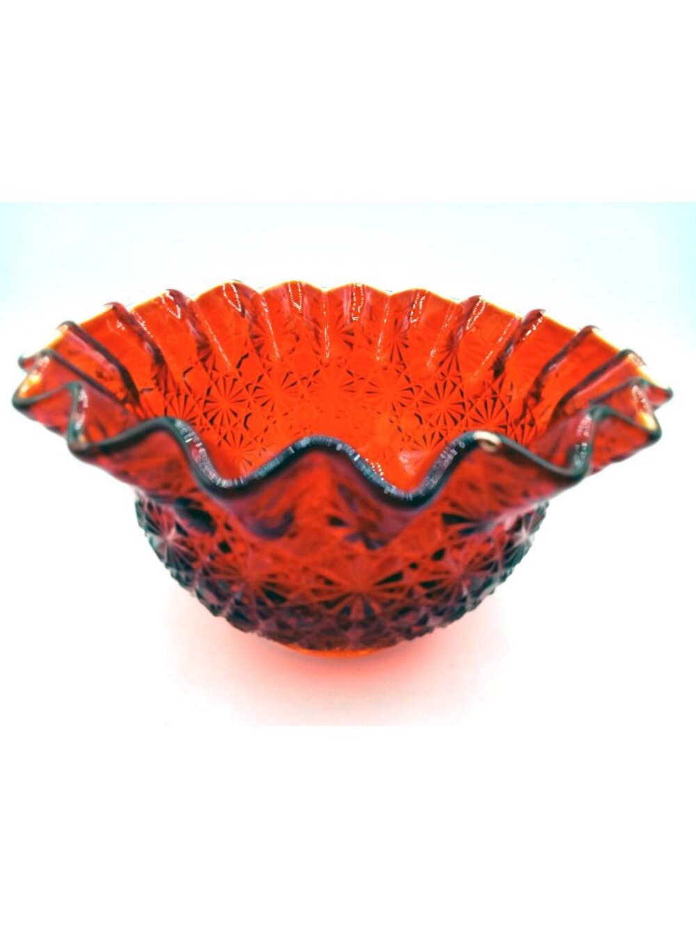 Red Glass Bowl Ruffled Ruby Daisy Geometric Pattern Decorative Amber Base 5.5"